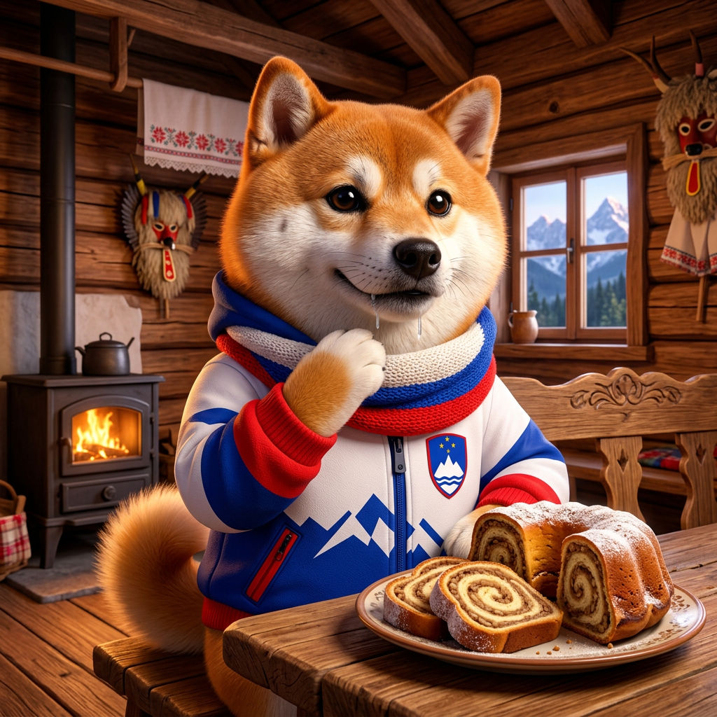 Slovenia Inu enjoying potica in a mountain cabin